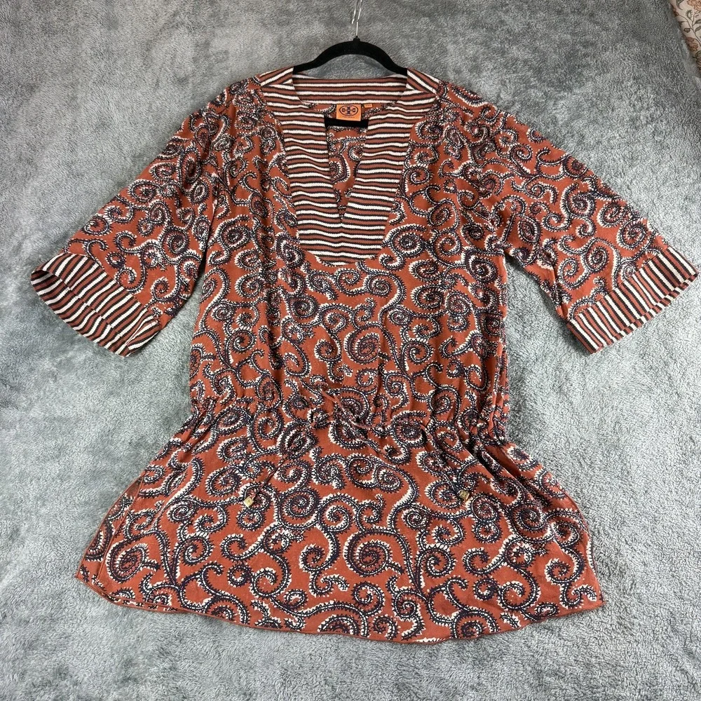 Tory Burch Womens XS Silk Boho Sapello Tunic Paisley Striped Trim 51112639‎